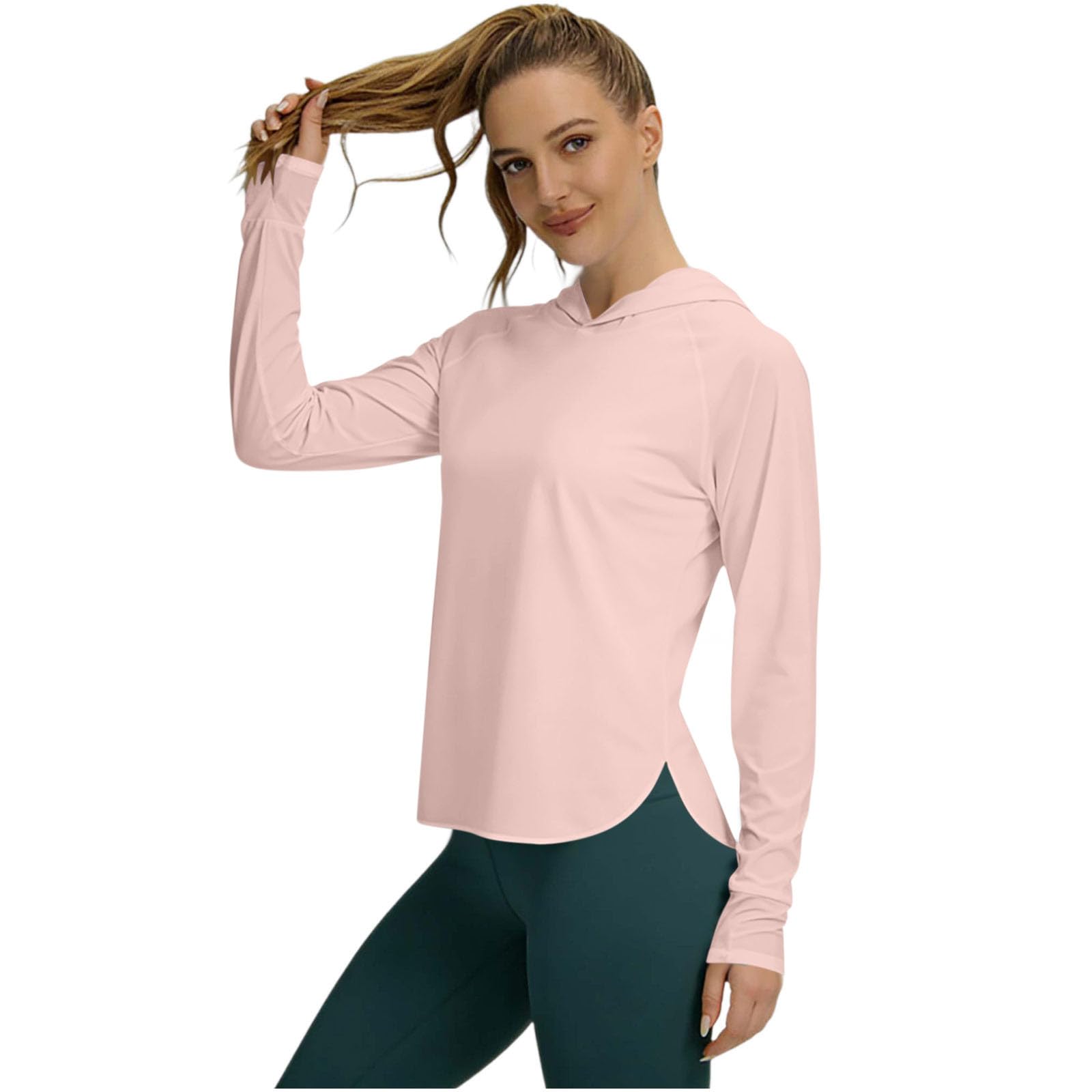 AMhomely Rash Guard Tops for Hiking Running Outdoor-UV T Shirt Women Long Sleeve with Hood, Lightweight Quick Dry SPF Gym Tees,Athletic Hoodies UPF 50+,Sportswear A Pink L