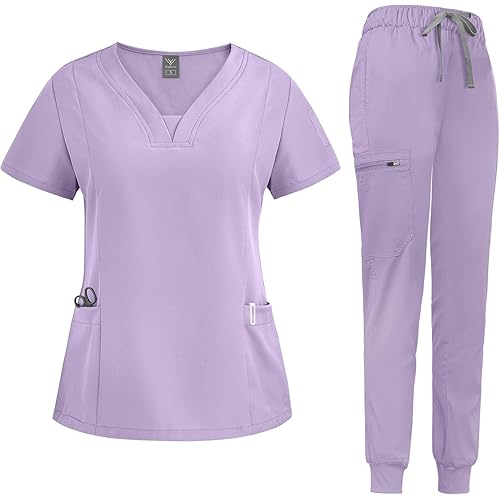 niaahinn Scrub Suit Set for Women Modern V-neck Top & Tapered Leg Jogger Pants with Drawstring Medical Nursing Uniforms Set