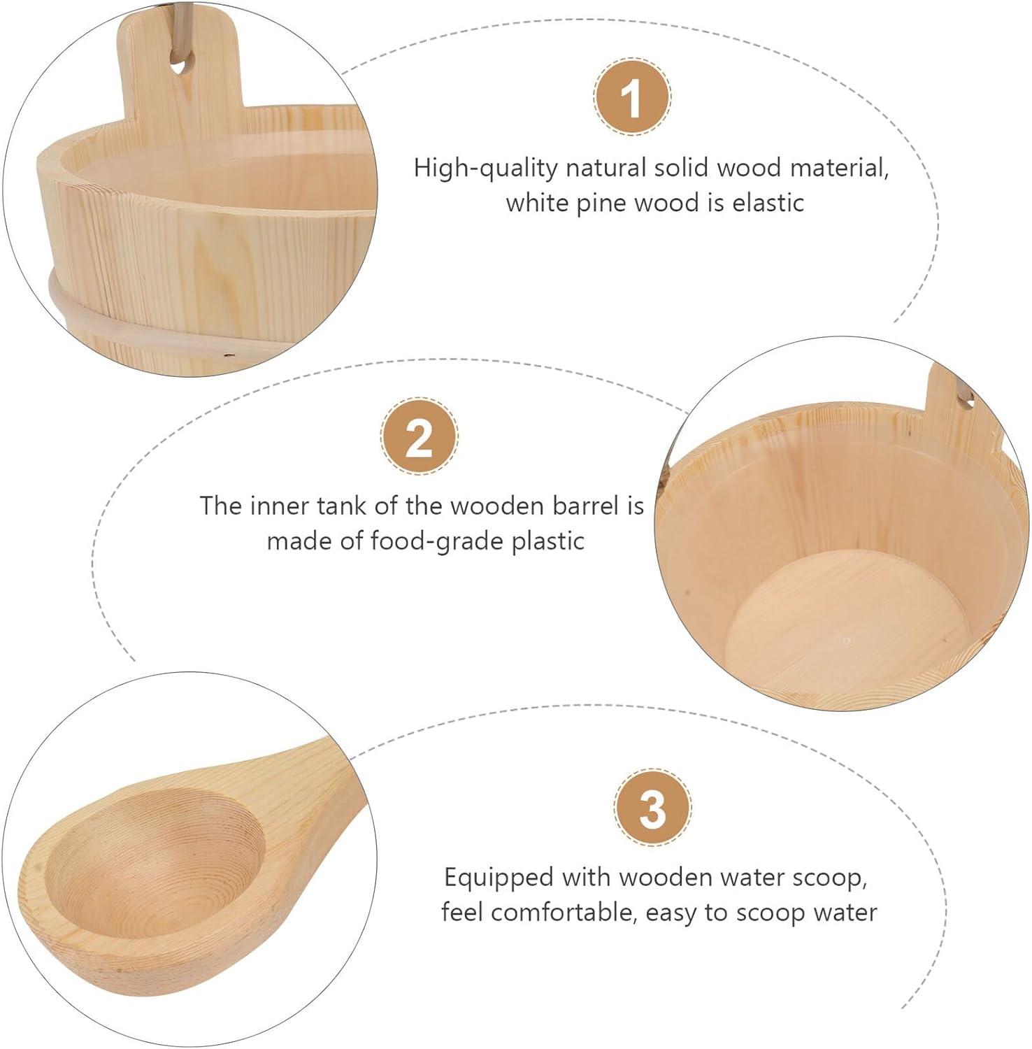 Homoyoyo Wooden Sauna Bucket with Plastic Liner and Ladle Set for Steam Room, Classic Wood Barrel Sauna Accessories for Home Spa and Shower Use