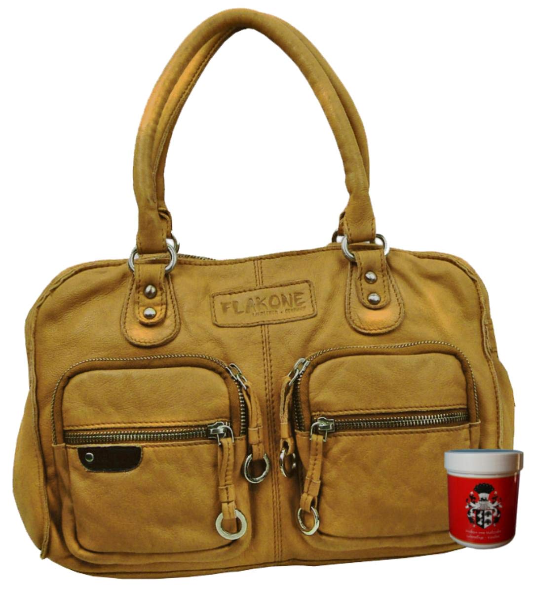 LL BARON Damen Leder Schultertasche FLAKONE – Braun-natur, Used Look, 33x22 Cm