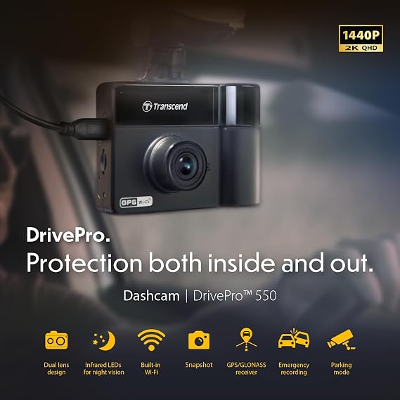 Transcend DrivePro 550 128GB Dual Lens Dashcam, Wi-Fi, GPS, Night Vision