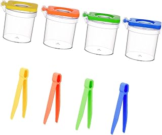 Nature Study Cups 4 Pack with Clear Sides, Lens Lids and Tweezers for Classroom Review, Park Walks and Family Learning Time Nature Viewer Observation Cups Clear Lens Lid Outdoor Study Classroom Family