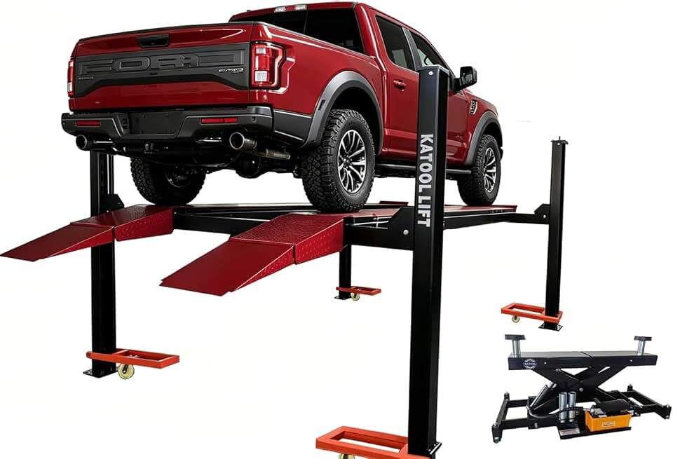 KATOOL KT-4M110PA 110V Commercial-Grade 11000 lb 4-Post Alignment Lift with 7000 lb Rolling Jack, 84.5-inch Lifting Height, Pneumatic Safety Lock Release with casters