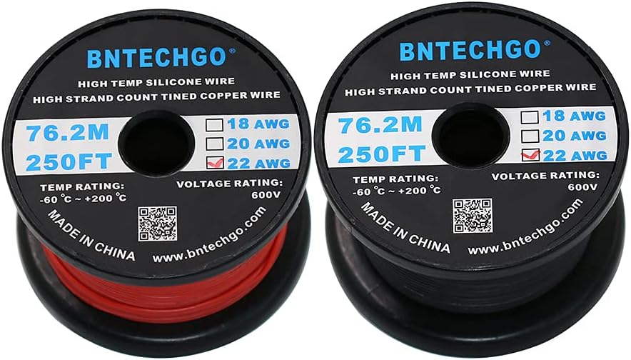 BNTECHGO 22 Gauge Silicone Wire Spool Red and Black Each 250ft Flexible 22 AWG Stranded Tinned Copper Wire
