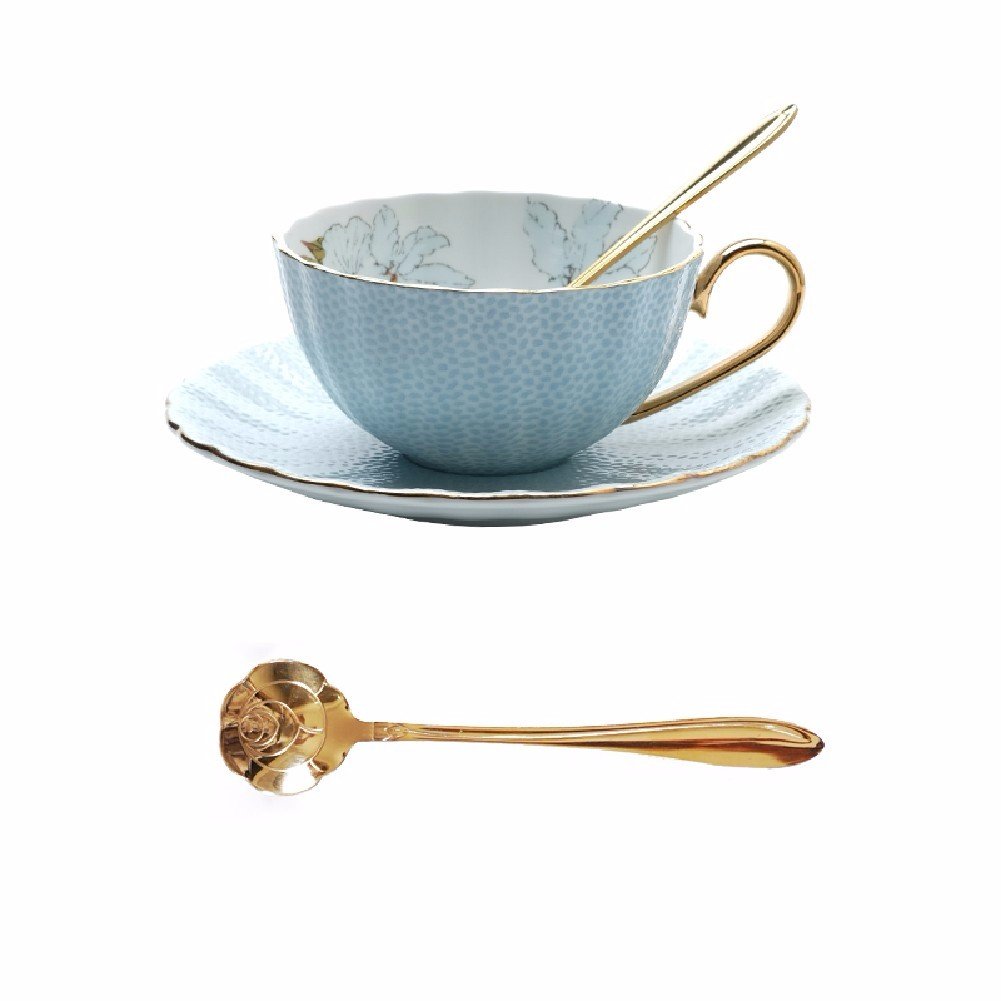 HQLCX Coffee Cup And Tea Set For Household European Cup,Blue,Rose Spoon