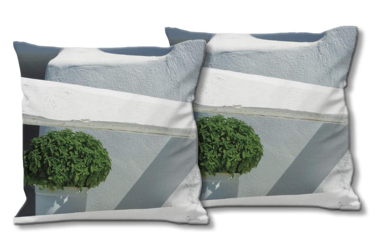 Bäumchen - Foto-Kissen-Hülle Set (2 STK.) 40 x 40 cm | Kissen-Bezüge - passend zu Wandbild - Deko-Kissen- Griechenland Ägäis Haus Pflanze