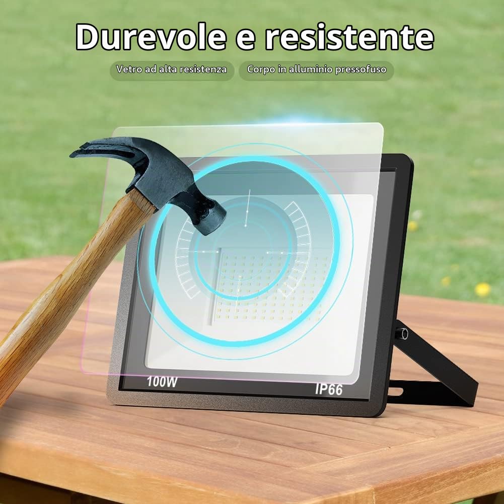 JESLED Faretto LED da Esterno, 100W 10000LM Super Luminosa Faro, 144LED 6000K Bianco Freddo Faretti, Impermeabile IP66 Fari per Giardino Garage(Cavo da 1M)