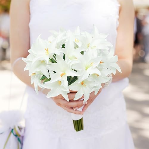 Miniatura 2 de Tinsow Lirio artificial de tacto real, flores de lirio de látex falsas, mini lirio blanco para decoración del hogar, lirio pequeño de Pascua