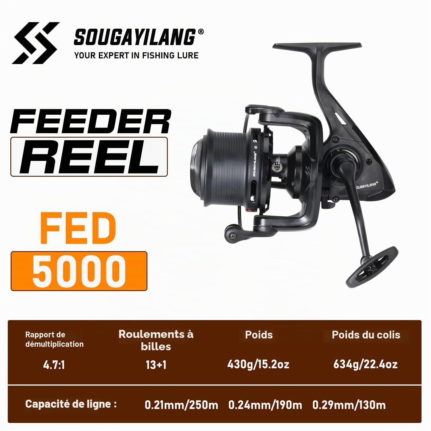 Sougayilang FED5000 Moulinet de pêche Feeder – 13+1 roulements à billes, rapport de transmission 4,7:1, système anti-torsion et rotor équilibré, bobine en aluminium avec bobine de rechange et double
