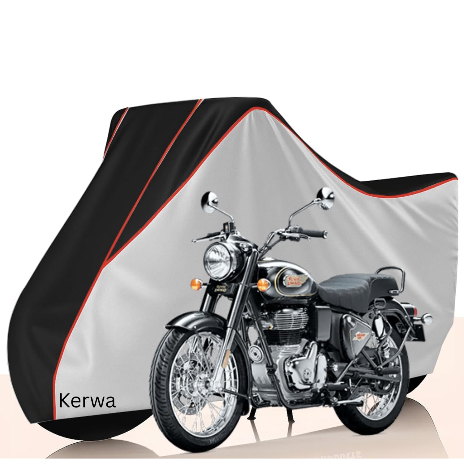 Kerwa Waterproof Bike Cover Compatible with RE Bullet 350 All-Weather Proof Triple-Stitched Durable Design Windproof Elastic Bottom Black & Silver Color Combination UV & Dust Proof-image-33