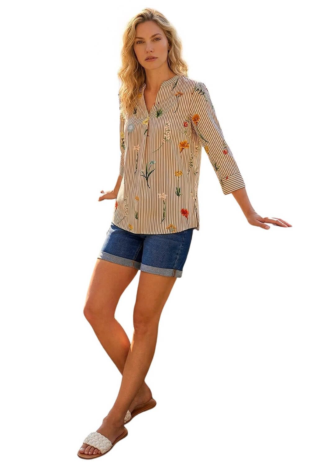 Roman Women's Taupe Floral Stripe Pleated Top Size 18