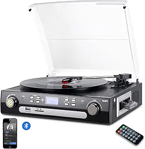 DIGITNOW Bluetooth Record Player with Stereo Speakers, Turntable for Vinyl to MP3 with Cassette Play, AM/FM Radio, Remote ...
