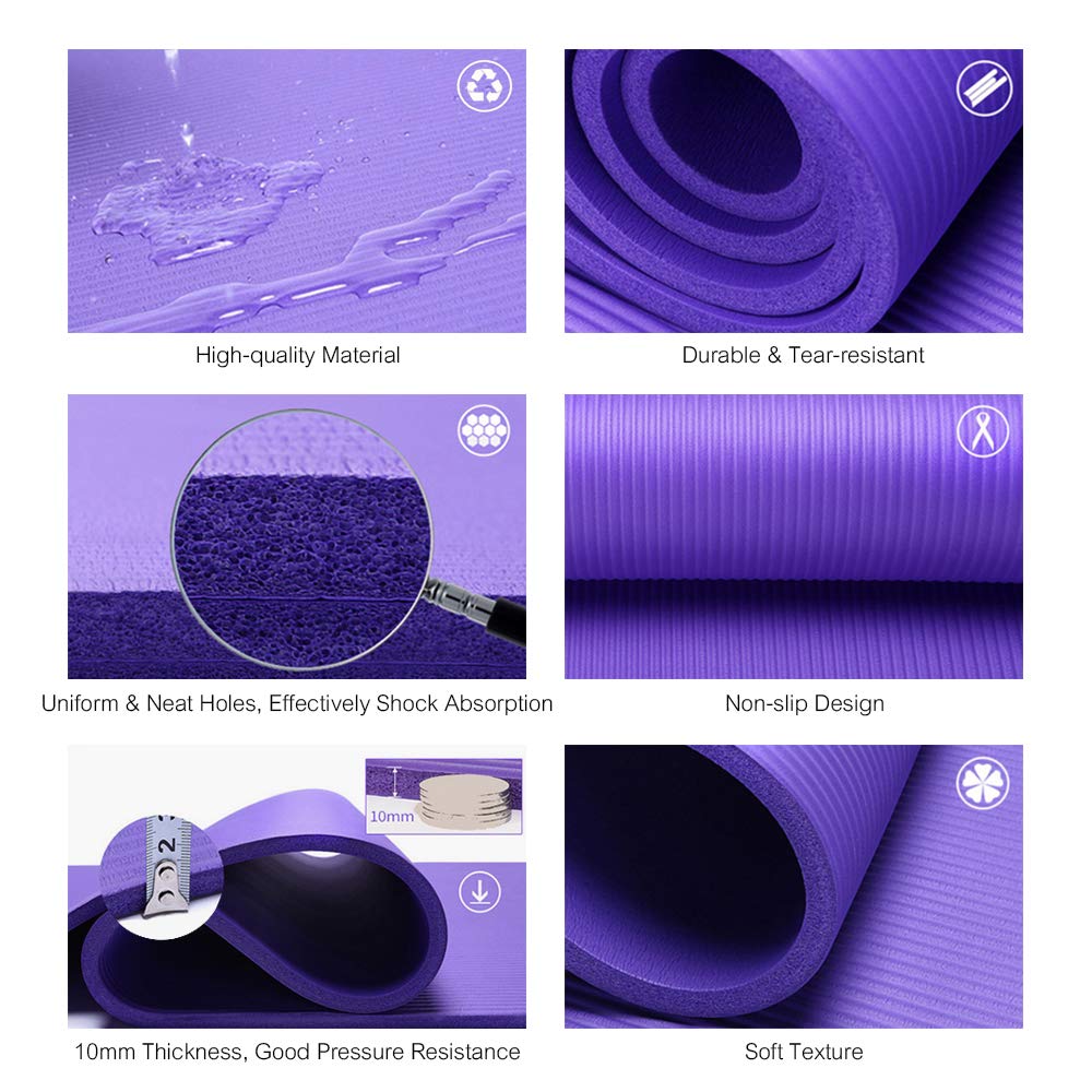 Tappetino da yoga antiscivolo, 10 mm di spessore, con fascia portaoggetti e borsa a rete, per amanti, donne incinte, bambini, anziani, escursionisti, viaggiatori