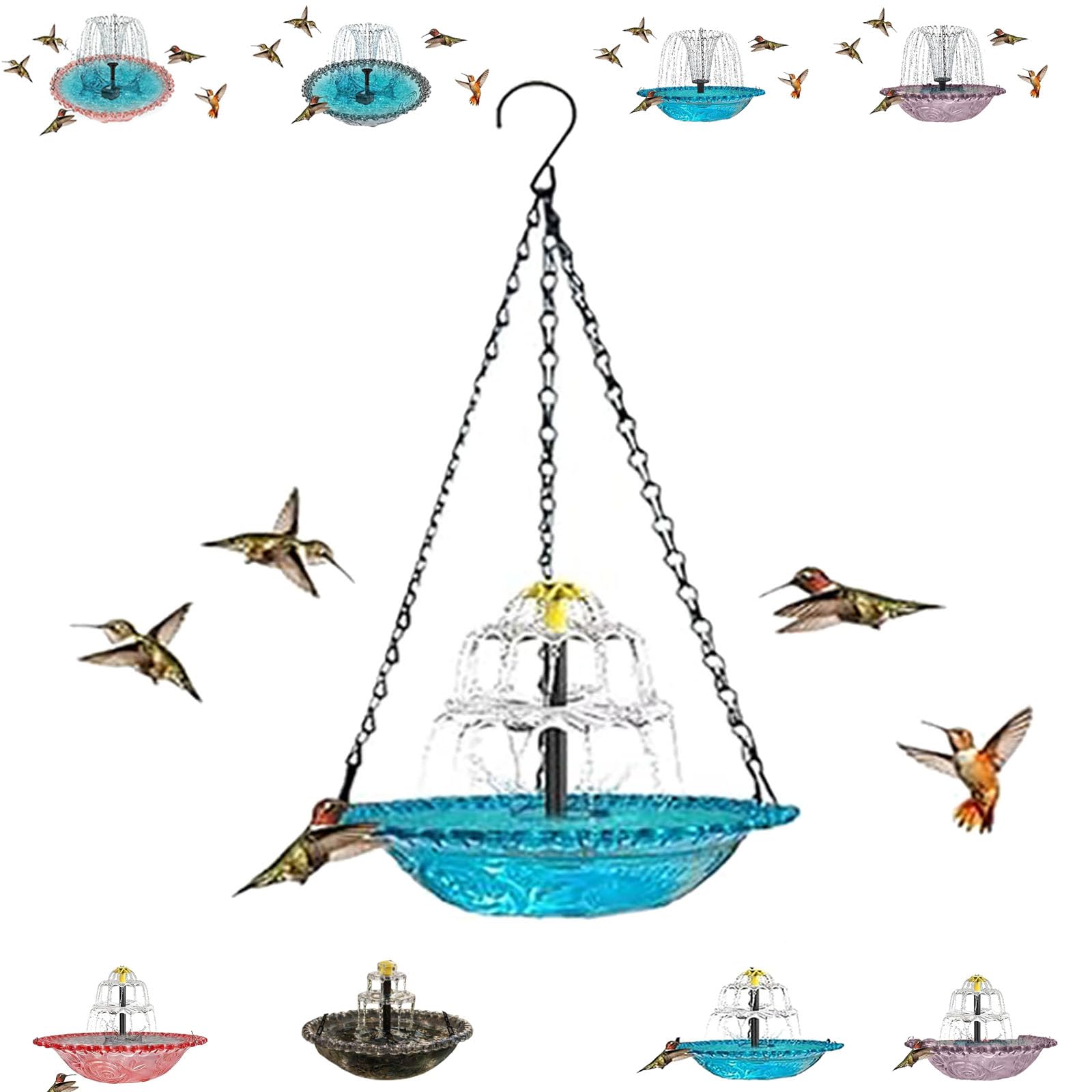 Solar Cascade Hanging Bird Bath Fountain, Outdoor Hanging Bird Bath with Solar Fountain, Hanging Humming Birdbath with Solar Pump, Hanging Water, Attracts Hummingbirds & Wild Birds (Blue,B)