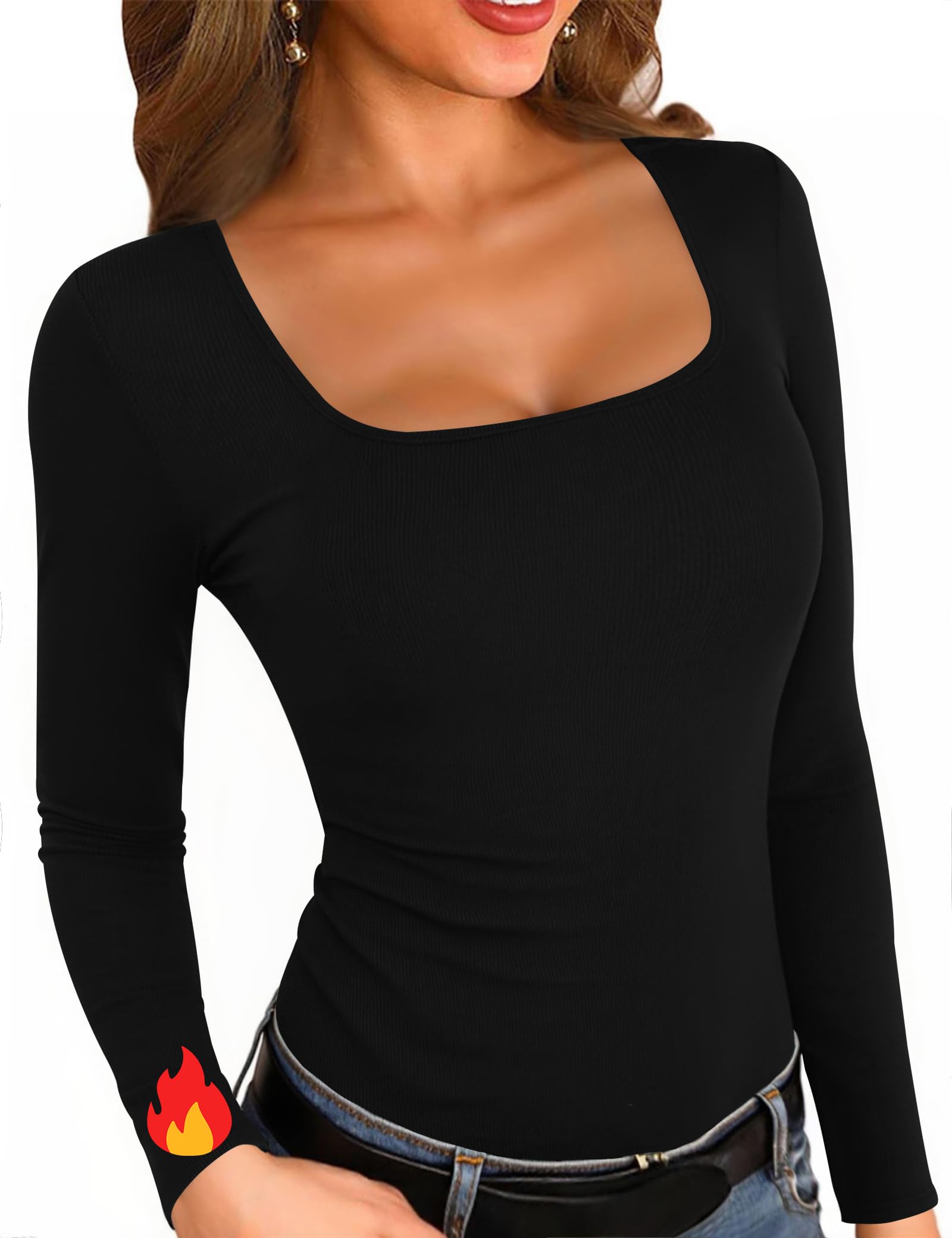 Aottori Maglia Donna con Scollo Quadrato Elegante Maglietta a Maniche Lunghe Slim Fit Costine Sottogiacca Aderente Elasticizzato Basic Tops Cotone Sexy