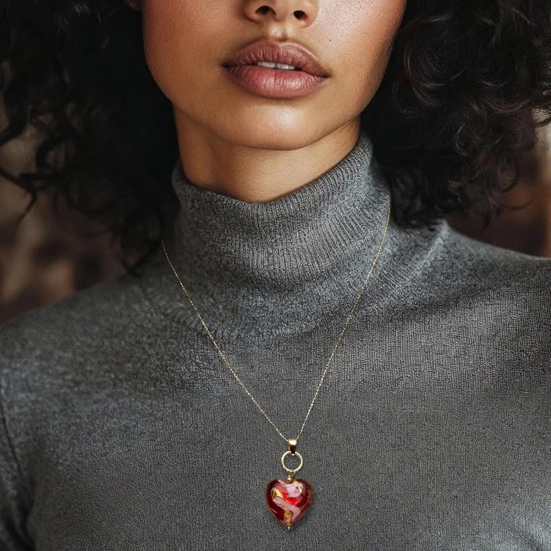 Red Murano Glass Heart Necklace for Women, 18K Gold Plated 925 Sterling Silver Adjustable Chain, Dainty Valentine Christmas Birthday Gift for Her