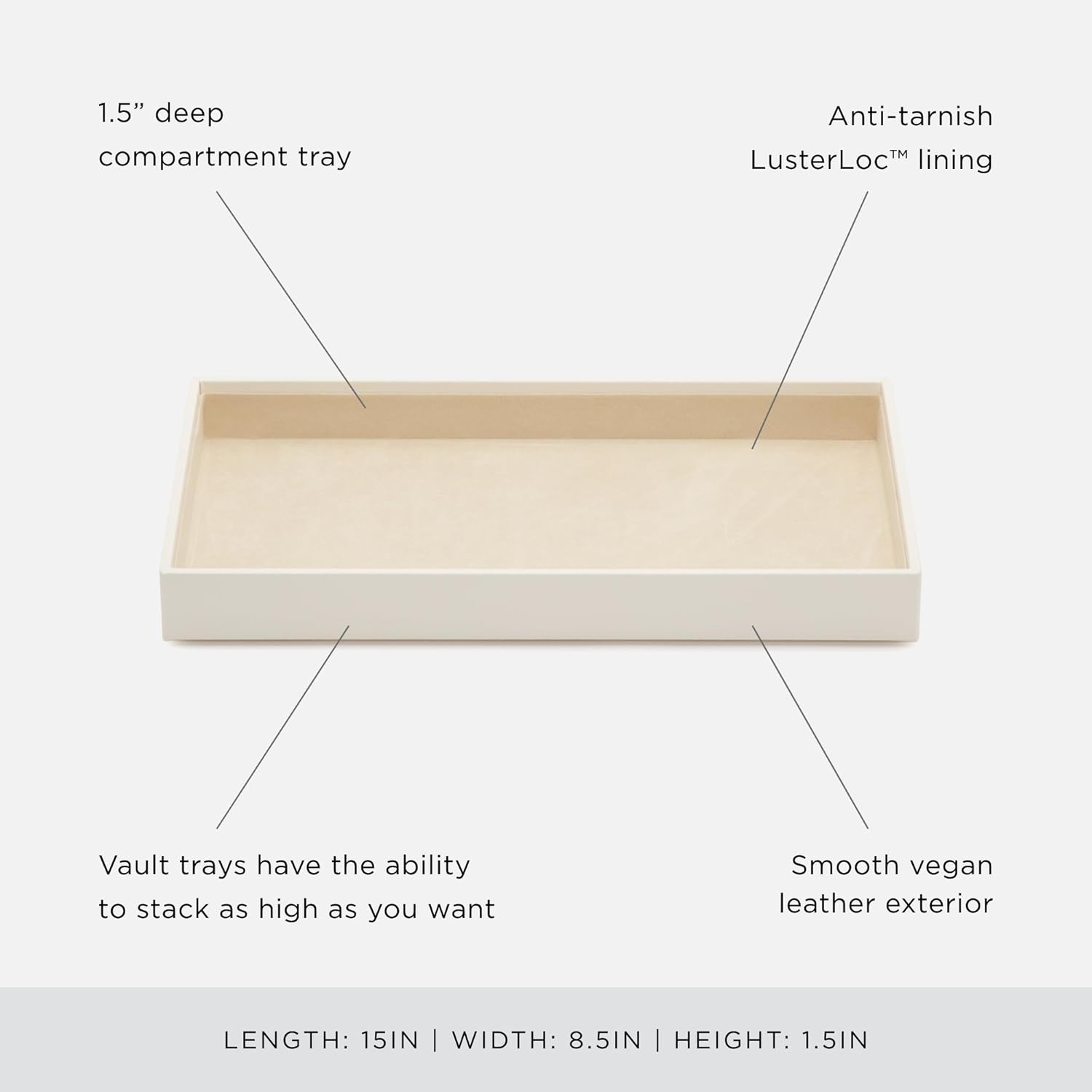 WOLF 1.5" VAULT Standard Tray, Ivory - Stackable - Vegan Leather Exterior + Anti-Tarnish LusterLoc Lining - Prevents Jewelry Discoloration + Tarnishing
