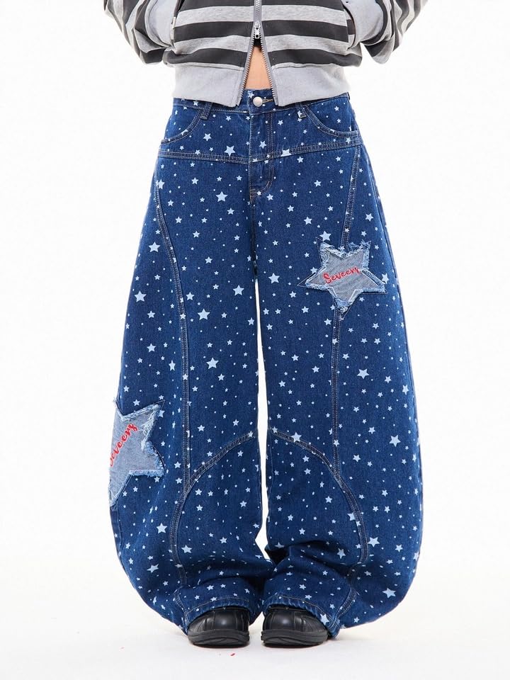 Unisex Y2k Vintage Star Patched Embroidery Print Jeans Hiphop Streetwear Grunge Distressed Baggy Wide Leg Denim Pants4