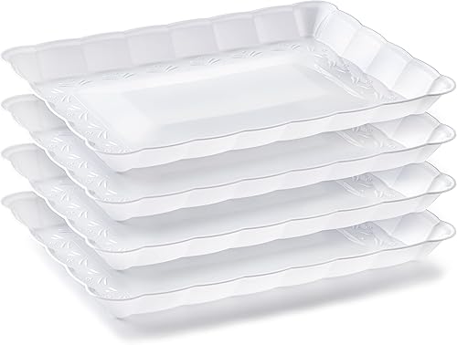 Bandejas de plástico rectangulares de 9 x 13 pulgadas, paquete de 4 bandejas de fiesta blancas duraderas para servir Bandeja de comida desechable