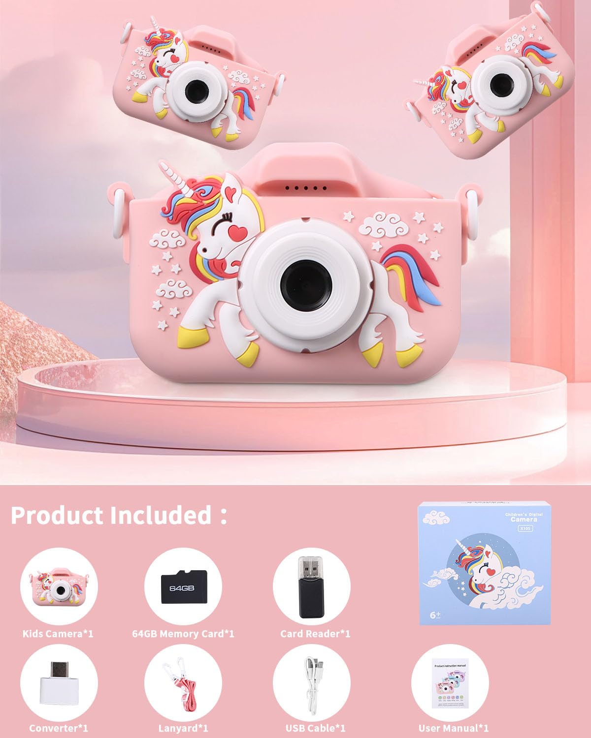 Aparat dla dzieci, ekran 1080p, aparat dla dzieci, z kartą 64 GB, aparat cyfrowy do selfie, dla dzieci w wieku 3-12 lat, dla chłopców i dziewczynek, prezent urodzinowy, zabawka na Boże Narodzenie