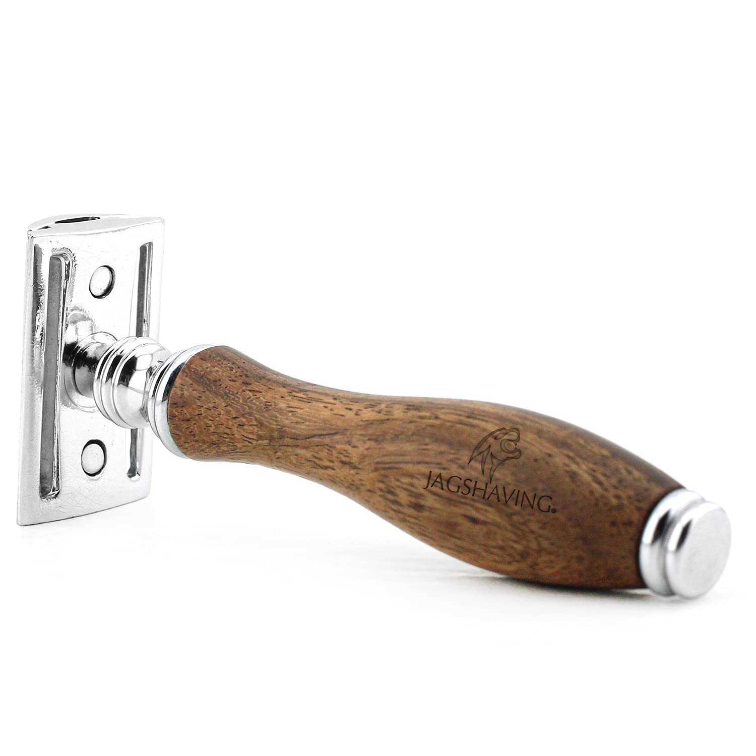 Jag Shaving - Set da barba sostenibile, 3 pezzi, in legno, pennello da barba con setole sintetiche, rasoio con lametta a doppio filo da donna e da uomo, piedistallo