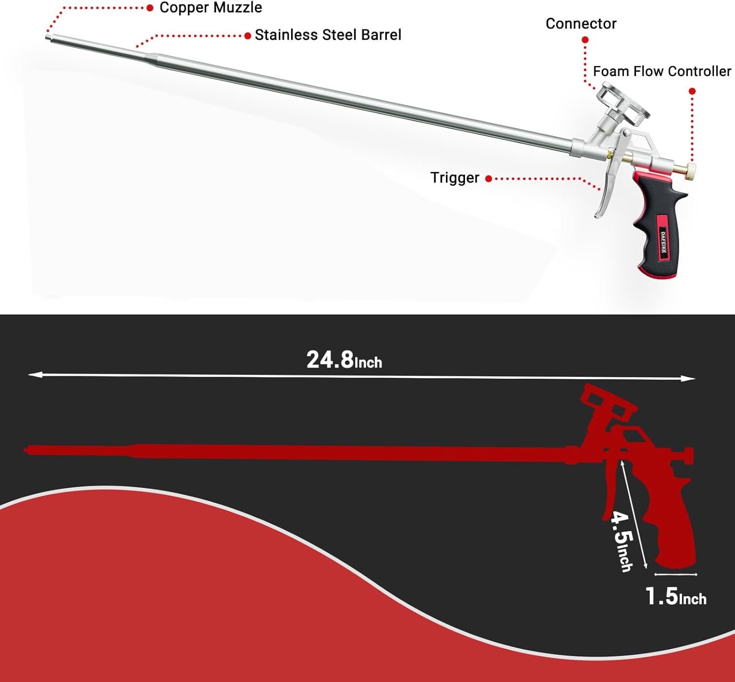 Spray Foam Gun 2 feet Insulation Foam Gun Extended Precision Foam Gun 63cm Long Expanding Pu Foam Dispensing Gun, Black