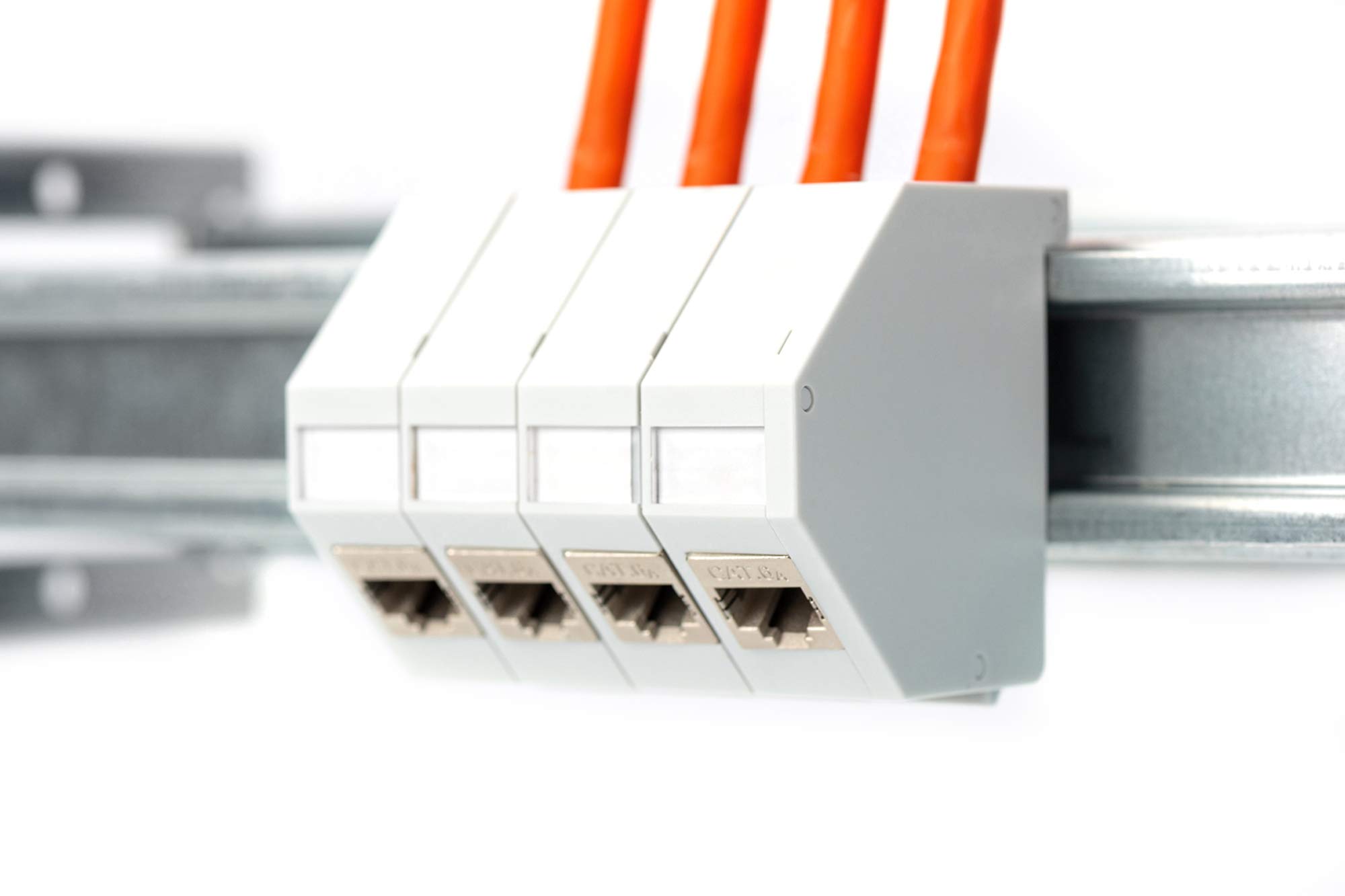 DIGITUS Set: Adaptador para carril DIN - 10 piezas - Con módulo Keystone 10x Cat6A - Acodado 45° - Campo de rotulación - Con muelle de puesta a tierra - Gris