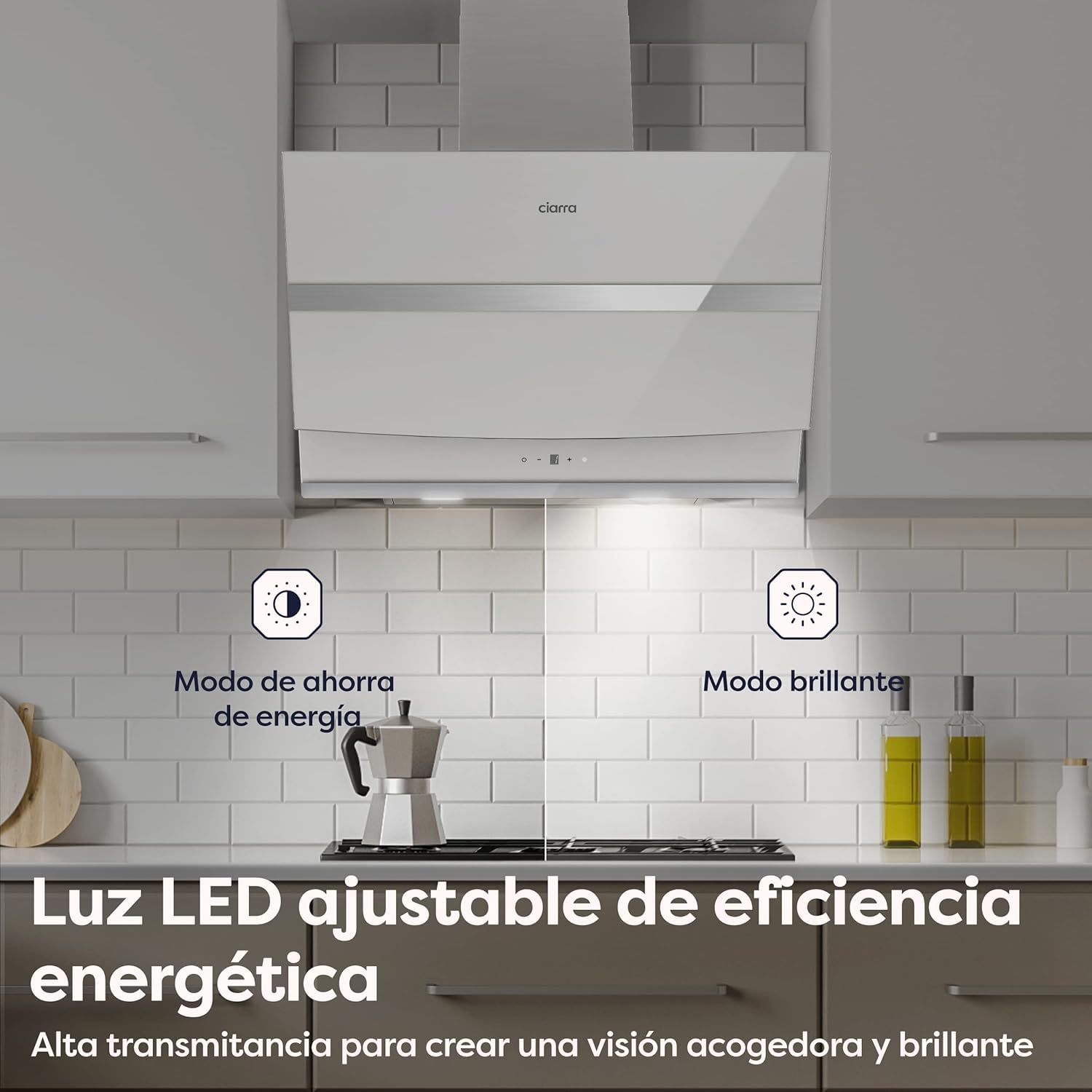 CIARRA Campana Extractora Inclinada 60 cm, A+++,650 m³/h,Touch,CBCW6736N | Blanco Panel Cristal Extractor | Recirculación/Evacuación | 4 Velocidades | Luz LED | Filtro Carbón CBCF003 No Incluido