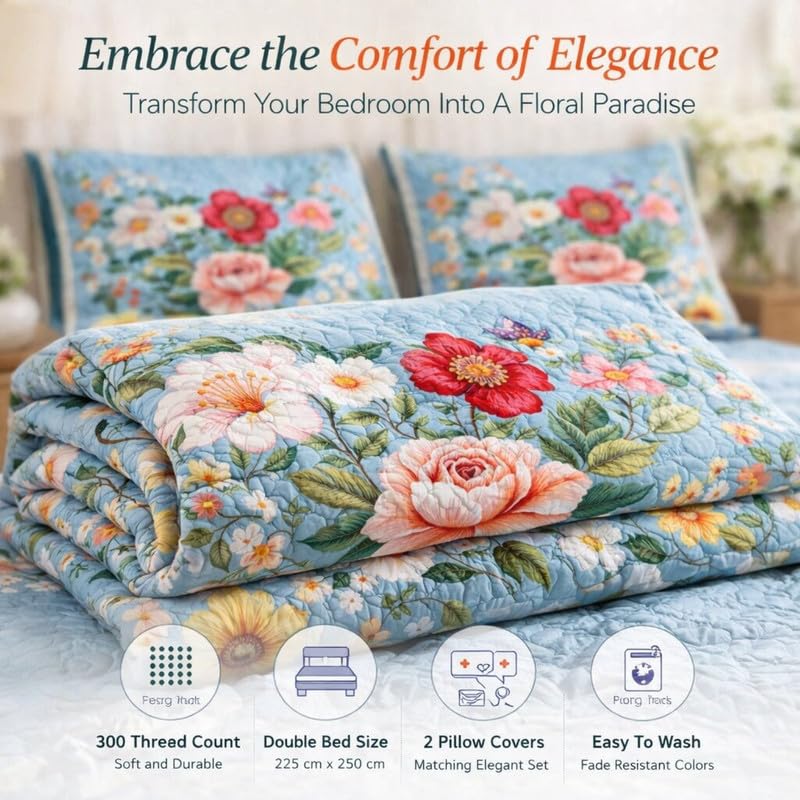 Image of Akshya Double Bedsheet King Size (90x100 Inch) with 2 Pillow Covers | 300 TC Microfiber Soft Bedsheet | Light Blue Floral Printed Flat Bedsheet for Double Bed