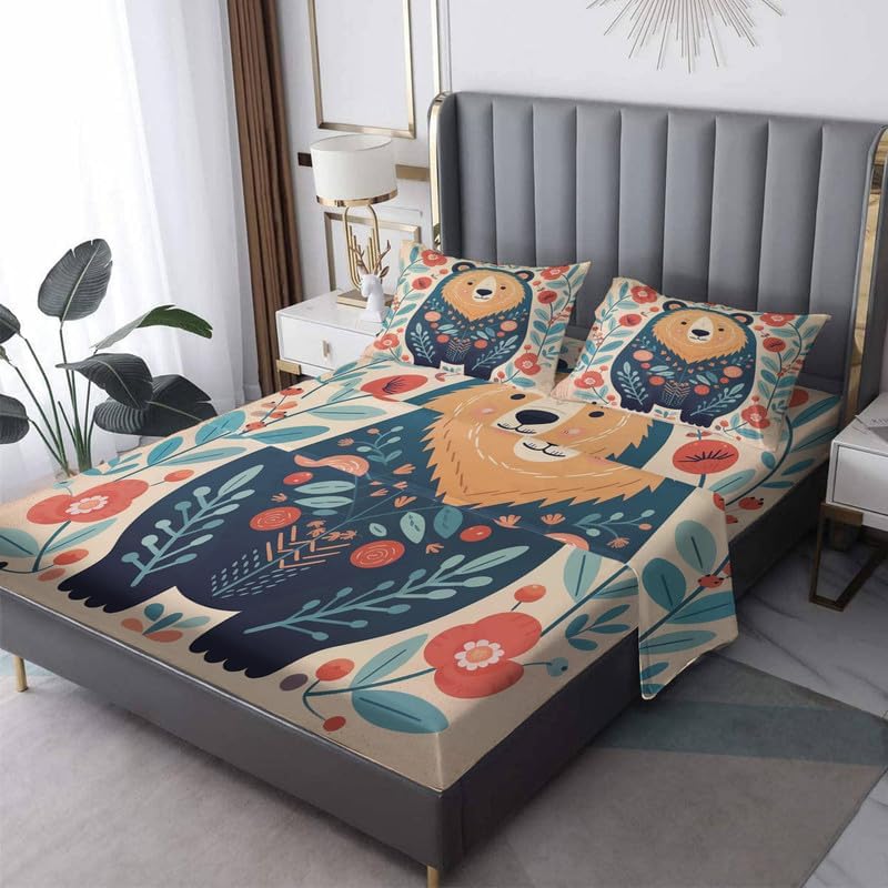 Bear Sheets Twin Size - Wild Animal Bed Sheets, Soft Microfiber & Deep Pocket & Wrinkle Free Patterned Bedding Sheets & Pillowcases, 3 Piece (1 Fitted Sheet, 1 Flat Sheet, 1 Pillow Case)