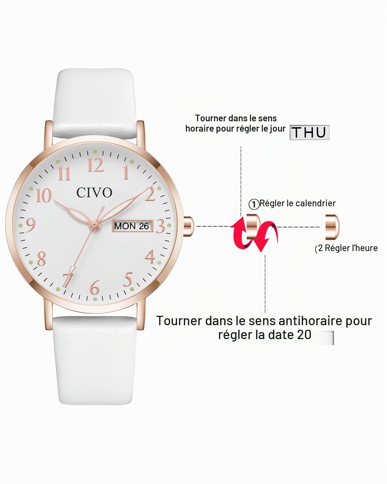 CIVO Montre Femme Analogique 35mm Cadran Clair Grands Chiffres Aiguilles Lumineuses Date Jour Bracelet Cuir