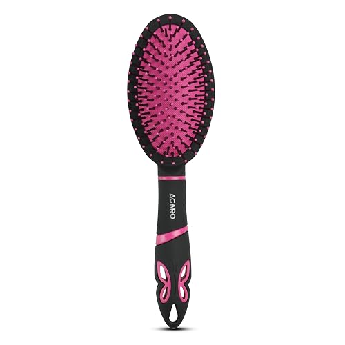 AGARO Delight Cushion Hair Brush with Strong & flexible nylon bristles, having Anti-static ball tips, for Grooming, Straightening, Detangling Hair, ideal for Men & Women, Pink & Black