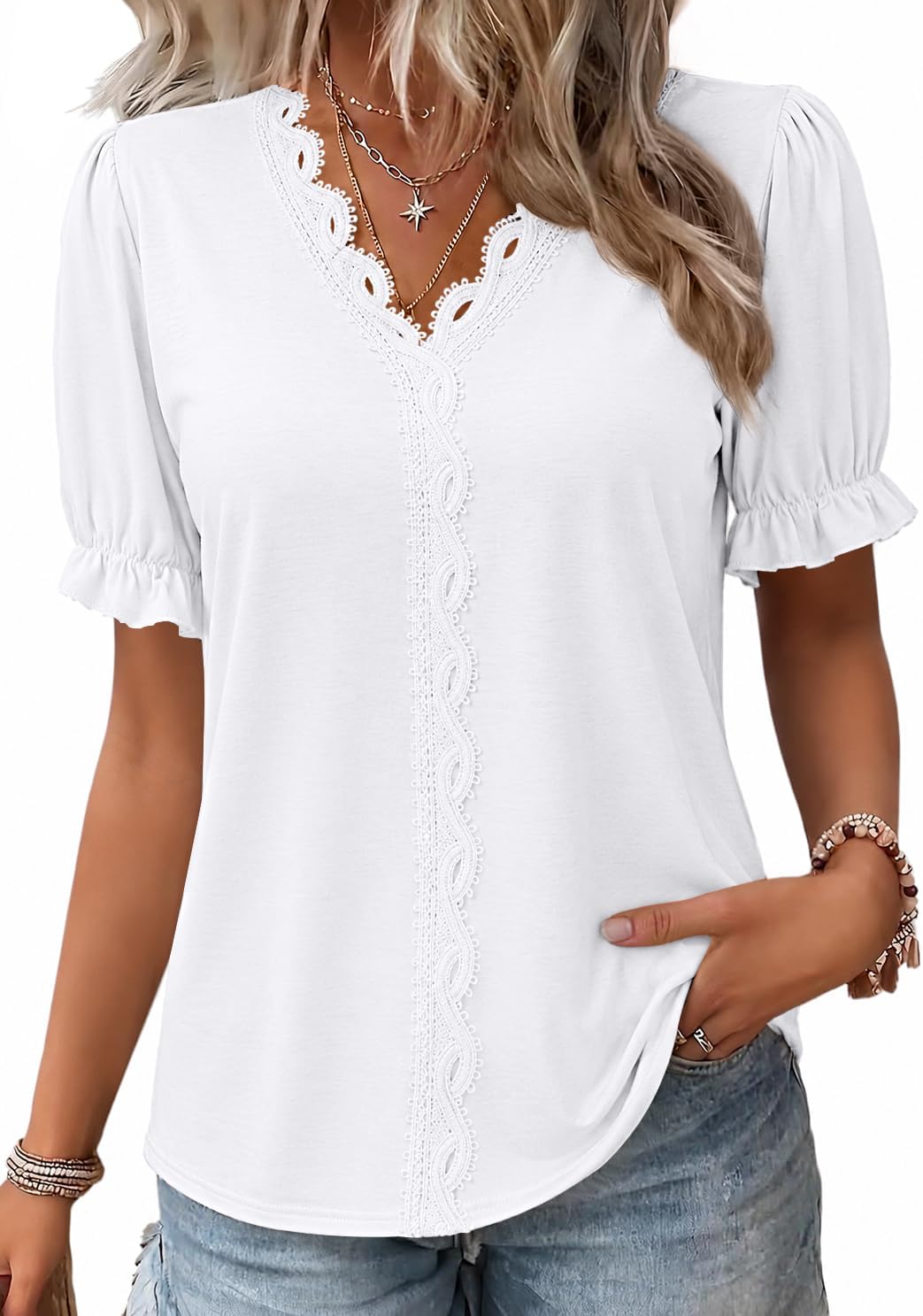 Blouses for Women Dressy Casual Ruffle Puff Sleeve Tops Boho V Neck Summer Spring Fall Fashion Clothes 2026