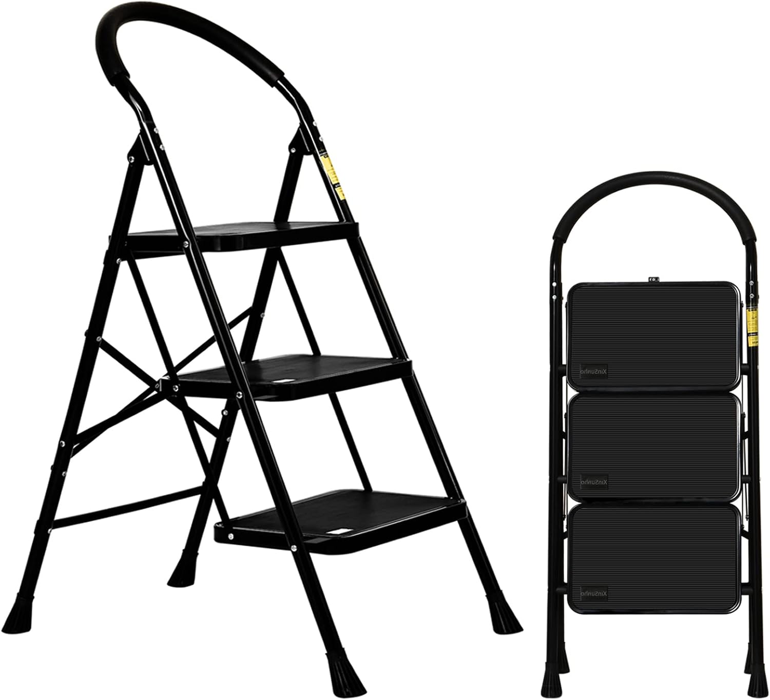 XinSunho Step Ladder 3 Step, Folding Step Stool with Wide Anti-Slip Pedal and Comfort Handgrip, Portable Sturdy Slim Ladders 3 Step for Kitchen and Home, 330 lbs, Black
