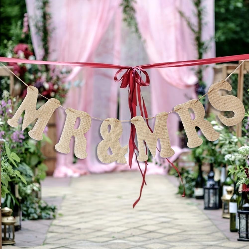 Hochzeit Banner Jute MR & MRS Banner Mr Mrs Hochzeit Deko Jute Buchstaben Braut und Bräutigam Hochzeit Banner Vintage Dekoration für Hochzeit Verlobung Jubiläum Party Innen Außende 30 Stück