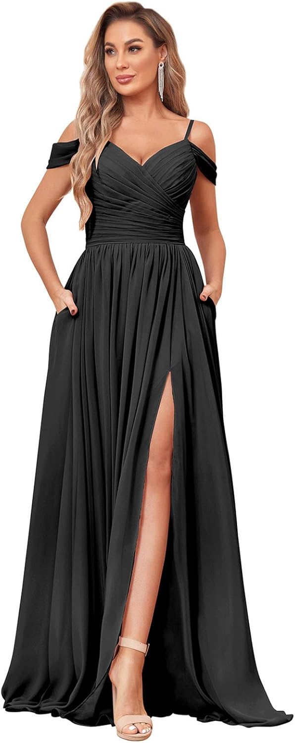 Off The Shoulder Chiffon Bridesmaid Dresses for Women with Pockets A Line Ruffles Long Slit Evening Party Gown