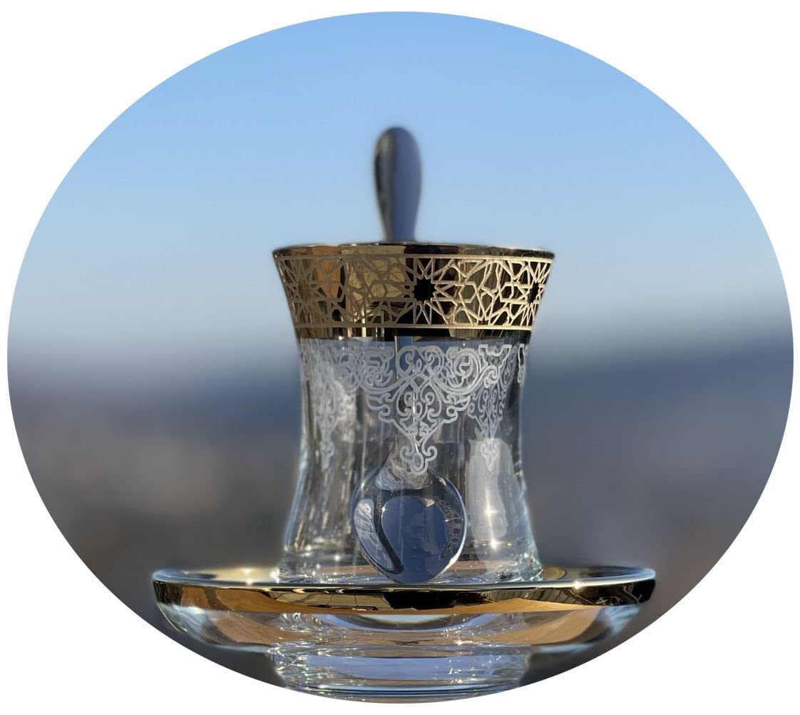 Topkapi Türkisches Tee-Set Amira-Sultan – 18-teilig Mit Golddekor (6 Gläser, Untersetzer, Löffel)