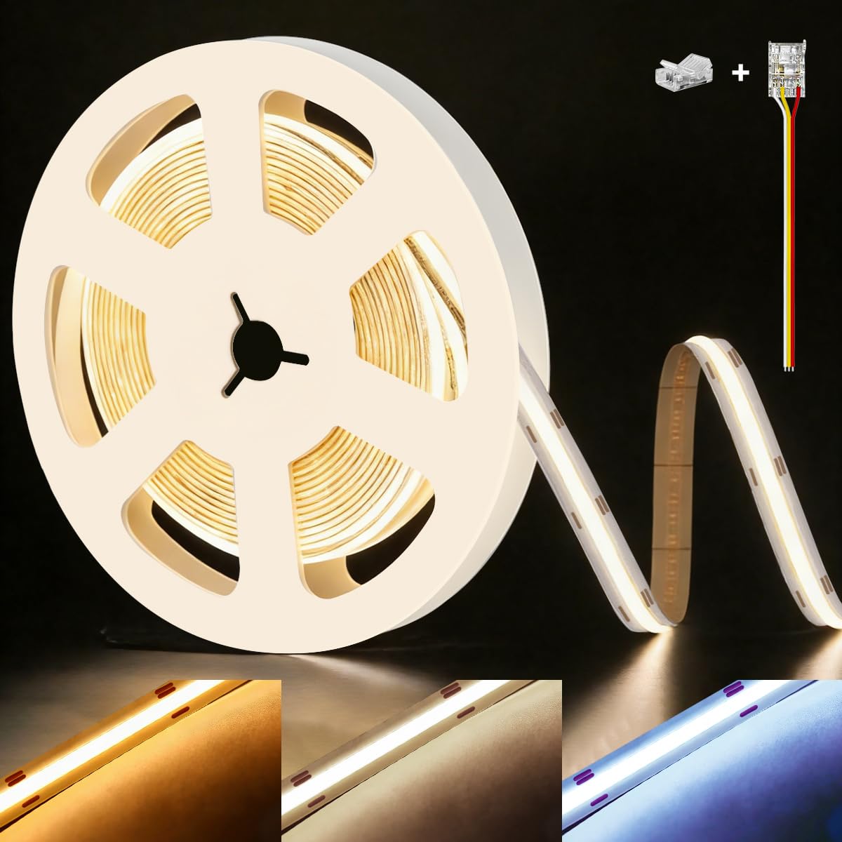 24V taśma LED COB CCT ciepła biel neutralna zimna 2700K-6500K 5m 576LED/m CRI90+ możliwość przyciemniania, samoprzylepna, taśma świetlna