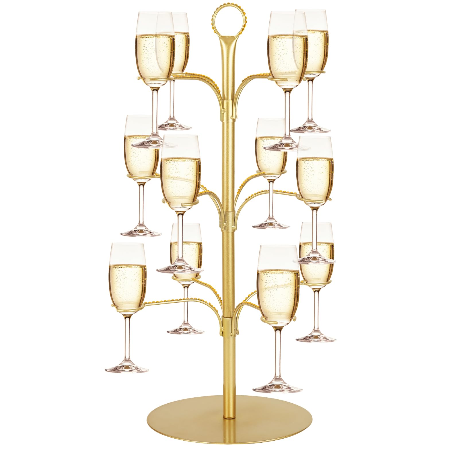 Cocktail Tree Stand for Party, Metal Drink Tower with 3 Tier 12 Holders, Bar Drinks Tree Display Wine Glasses Holder Suitable for Champagne Cocktails Martini at Christmas Weddings Bridal Shower (Gold)