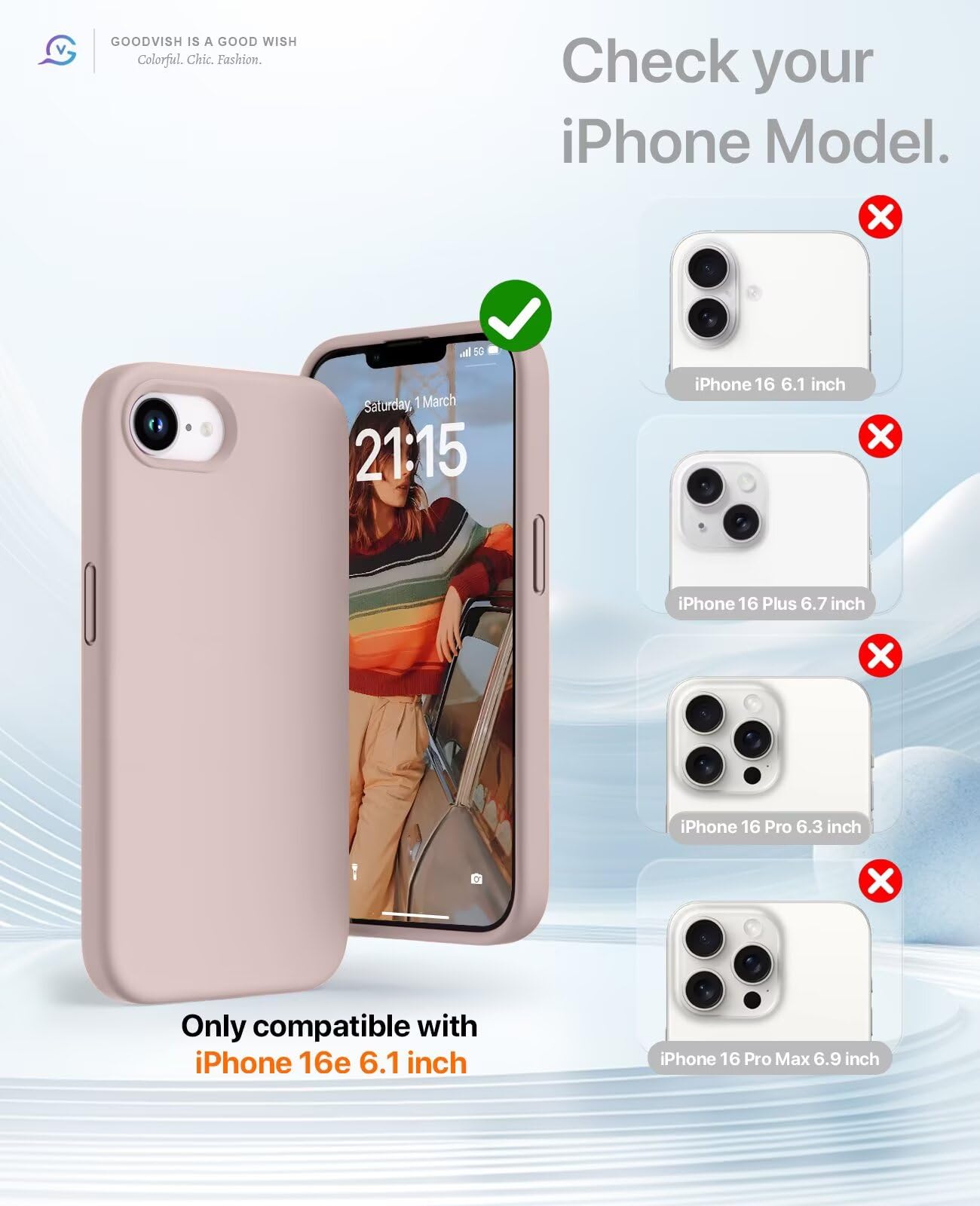 GOODVISH 3 in 1 Silicone Cover per iPhone 16e 6.1", Custodia con 2 Pellicola Vetro Temperato [Protezione Fotocamera] Protezione Anticaduta Case per Cellulare Antiurto Resistente, Rosa Sabbia