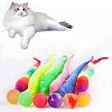 Bouncy Ball With Tail Cat Toy, 6 Packs Rainbow Magic Worm With Ball for Cats, Colorful Fuzzy Worm Bouncy Balls (Rainbow Large)