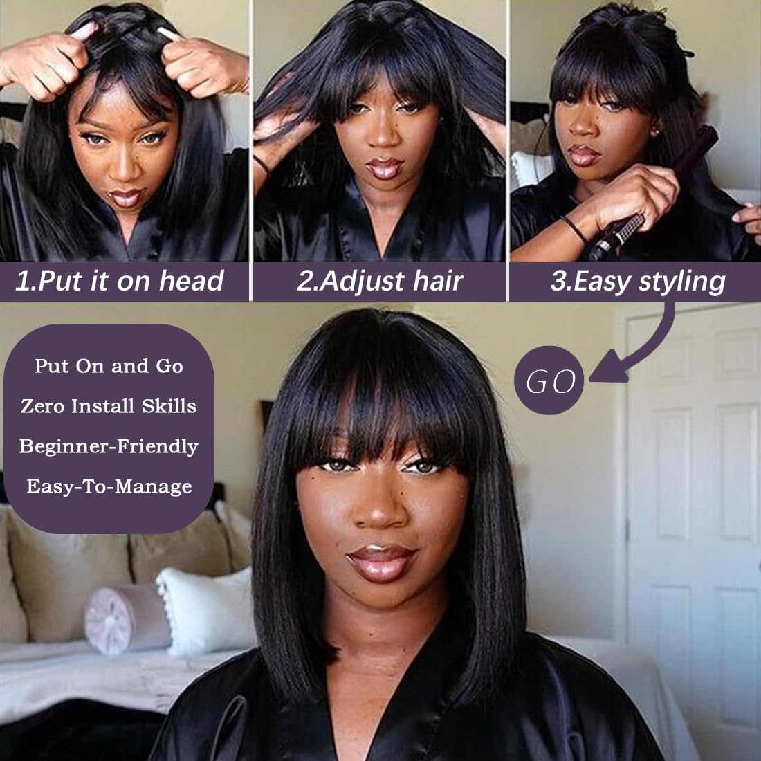 Amazon.com : CLIONE 12 Inch Straight Bob Wig with Bangs 