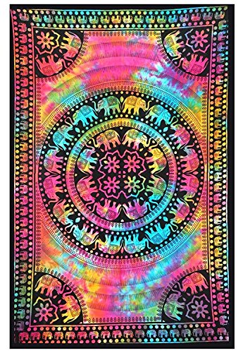Indian Hippie Gypsy Bohemian Psychedelic Tie Dye Elephant Mandala Wall Hanging Multi Color Twin Size Dorm Decor Tapestry 54x72 Inches (140x185 Centimeters)