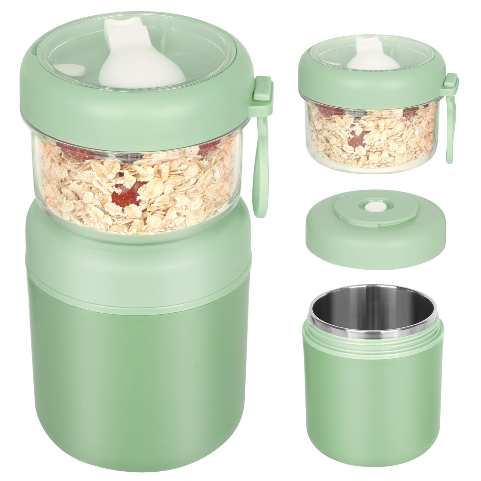 Grande Contenitore in Acciaio Inox per Cereali da Asporto, Tazza per Yogurt 530 ml + 330 ml Contenitore Porta Cereali Anti-Perdita Porta Pranzo Tazza per Yogurt Insalata Riso Avena (Verde)