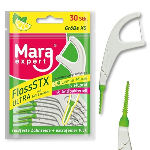 Mara Expert FLOSS STXX/Zahnseide Stick mit Lemon-Mint, Fluorid und antibakterieller Zahnseide, 30 Stück, Zahnstocher mit untraweichen Lamellen, Zahnzwischenraum Reiniger