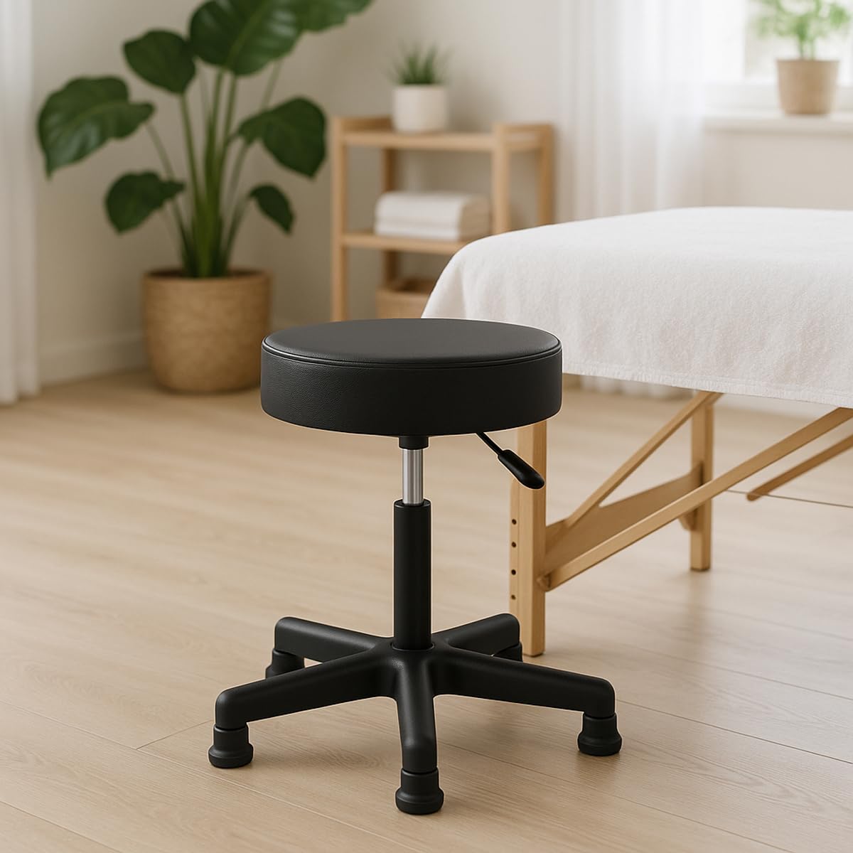Waytex Tabouret pivotant sans roulettes – Hauteur réglable 44-58 cm – Pieds Fixes – Assise Confortable Simili Cuir Noir – Stable pour Accueil et Poste de Travail