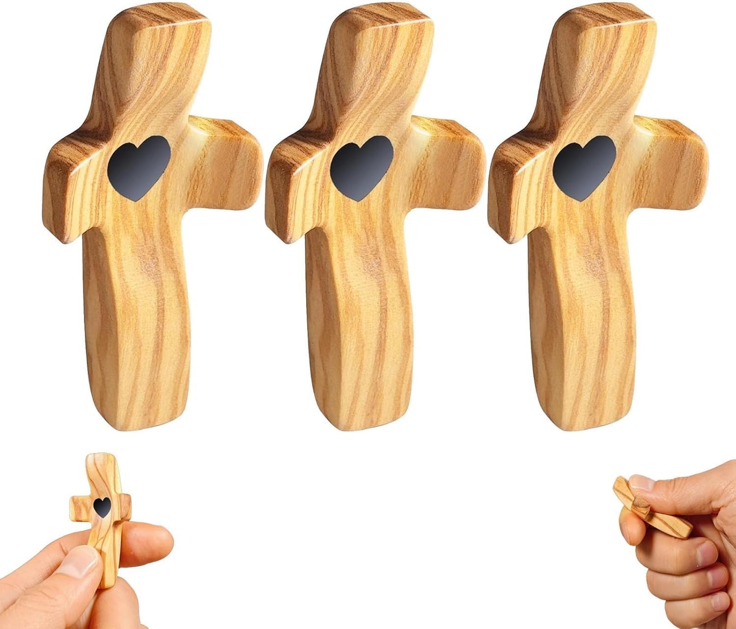 Wsogydotx Handcrafted Wooden Cross My Heart, Wooden Cross Fidget, Encouragement Gift, Relieve Anxiety Comfort Cross For Clutching, Clinging And Praying, Pocket Cross Religious Gift For Children And Adults(B,3Pc