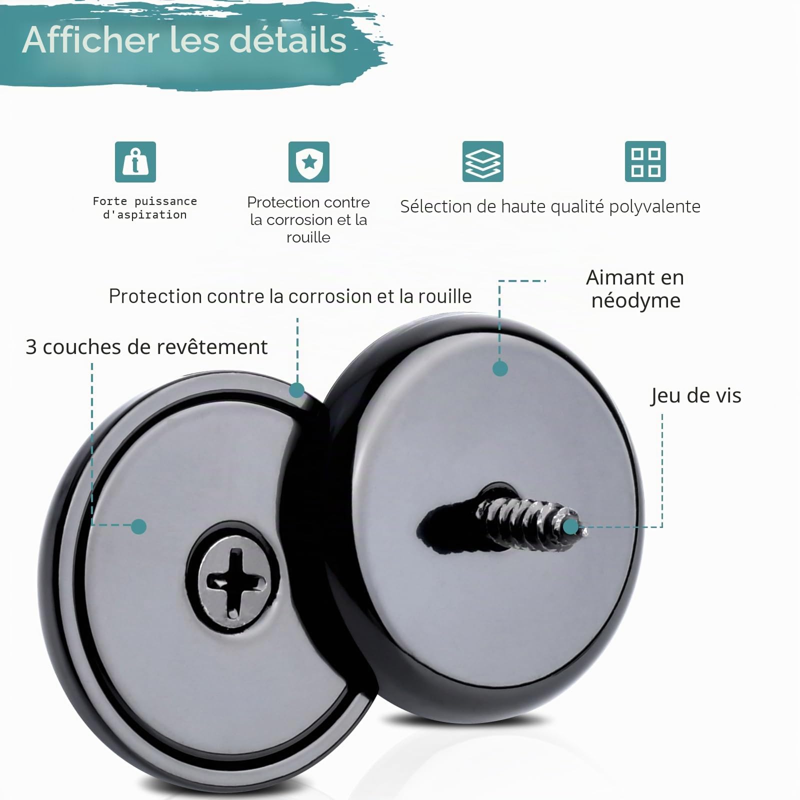 FPMYB 4 Pièces Aimant Neodyme Noir 45 kg Force 32x7 mm Avec Trou et Capsule, Pot Fraisé Avec Vis et Coussins en Acier, Puissant Pour Réfrigérateur, Cuisine, Industrie