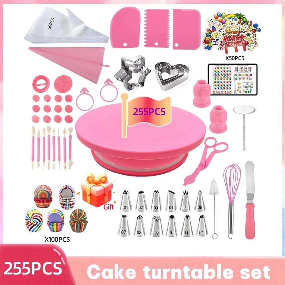 Backzubehör,Torten Zubehör 205/255 PCS Anti-Rutsch-Kuchen Dekorieren Lieferungen Kit Werkzeuge Backen Zubehör Kuchen Piping Bag(255PCS)