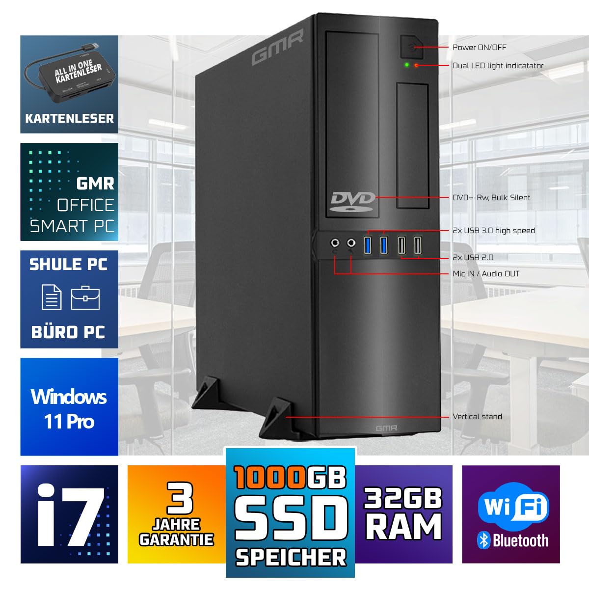 GMR Ultra Slim i7 Office PC, Computadora de Oficina de Negocios, garantía de 3 años, 32 GB RAM, 1000 GB SSD, DVD±RW, USB 3, Windows 11 Prof, WiFi Bluetooth